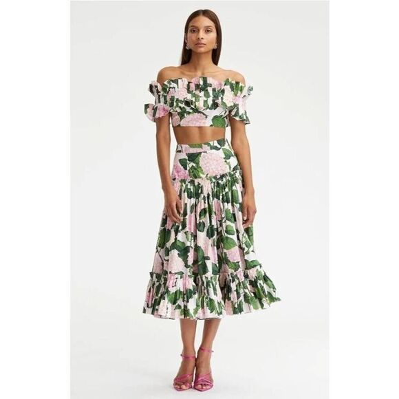 Ruffle Bandeau Hydrangea Split Swimsuit Set Women's Bikini Skirt Floral Print - Picture 1 of 8